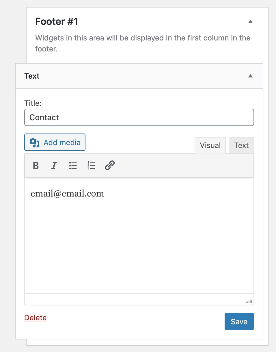 Example of a text widget settings in the footer area on WordPress