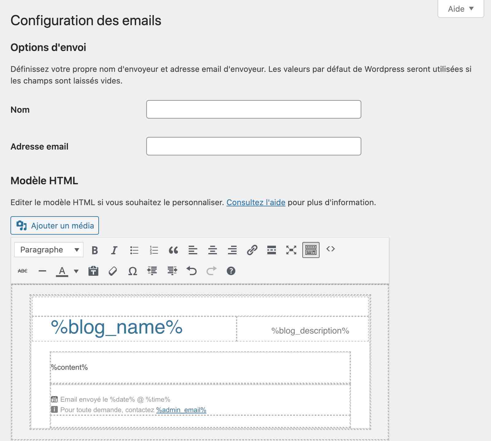 Réglages de WP Better Emails
