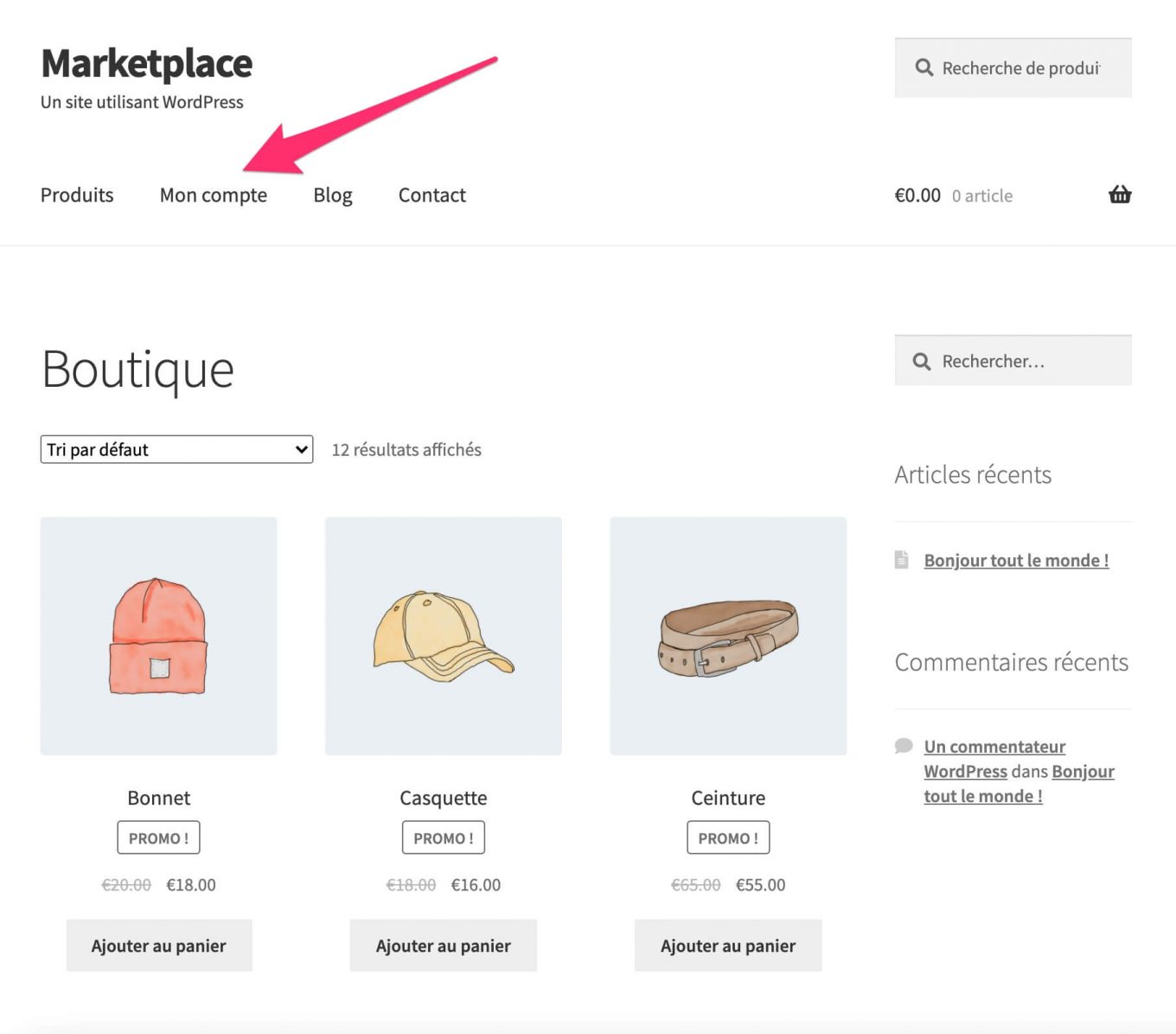 Onglet Mon Compte dans le menu d'une marketplace WordPress