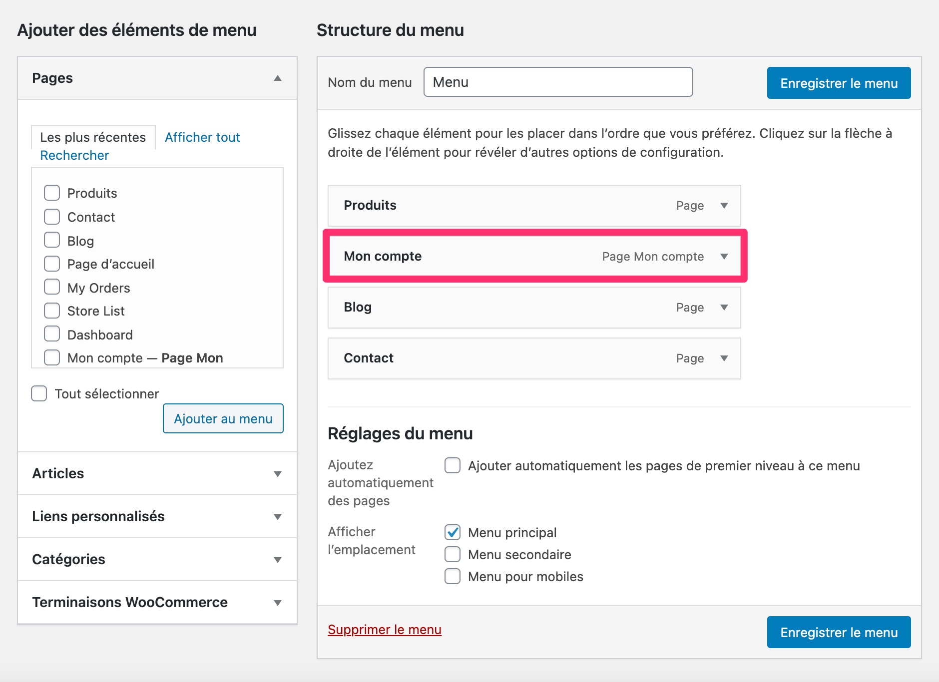 Page Mon Compte sur le menu de WordPress