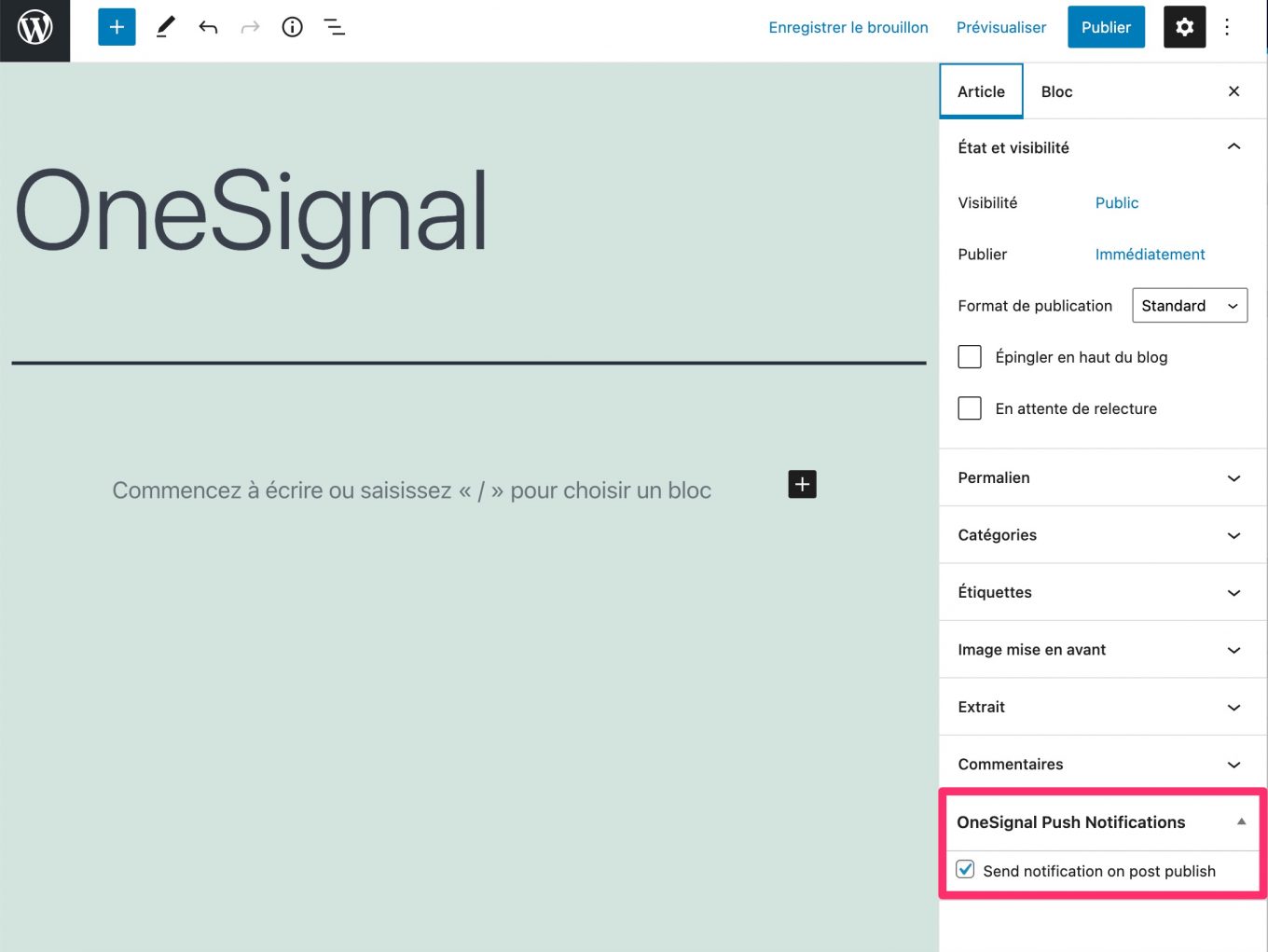 Activer la notification automatique OneSignal sur Gutenberg