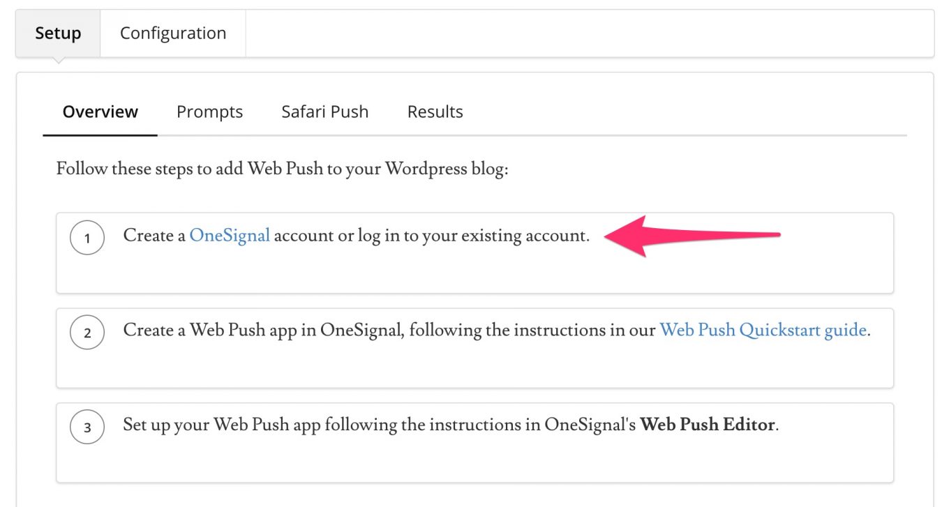 Création d'un compte OneSignal via un lien dédié.