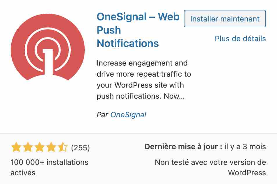L'extension OneSignal sur le tableau de bord des extensions WP