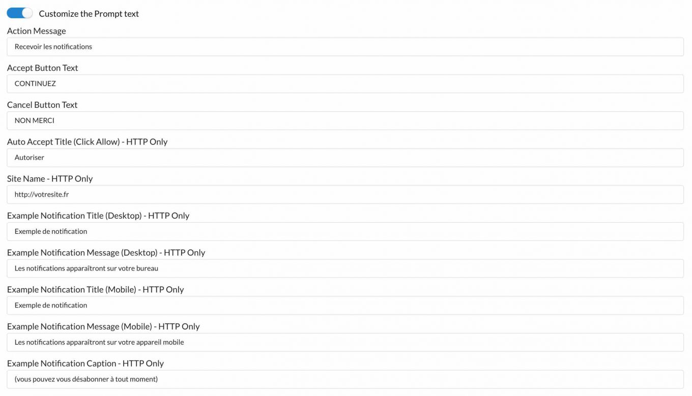 Traduction du menu Customize the Prompt Text de OneSignal