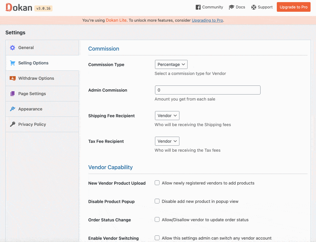Réglages de Dokan, une extension pour créer une marketplace sur WordPress