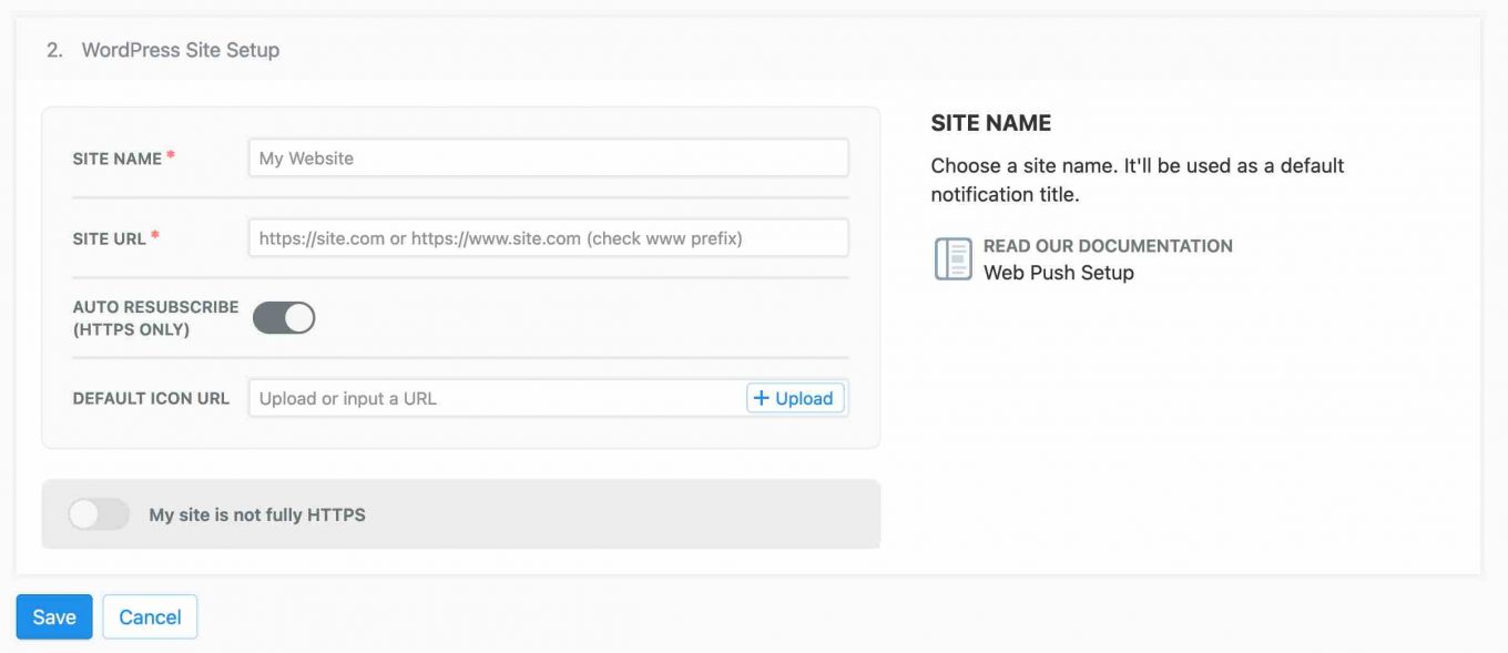 WordPress site setup sur OneSignal
