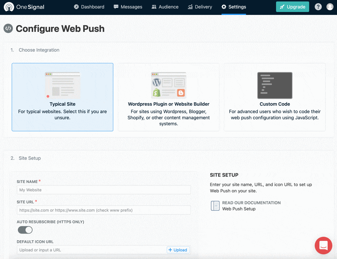 Configuration des web push sur le site de OneSignal