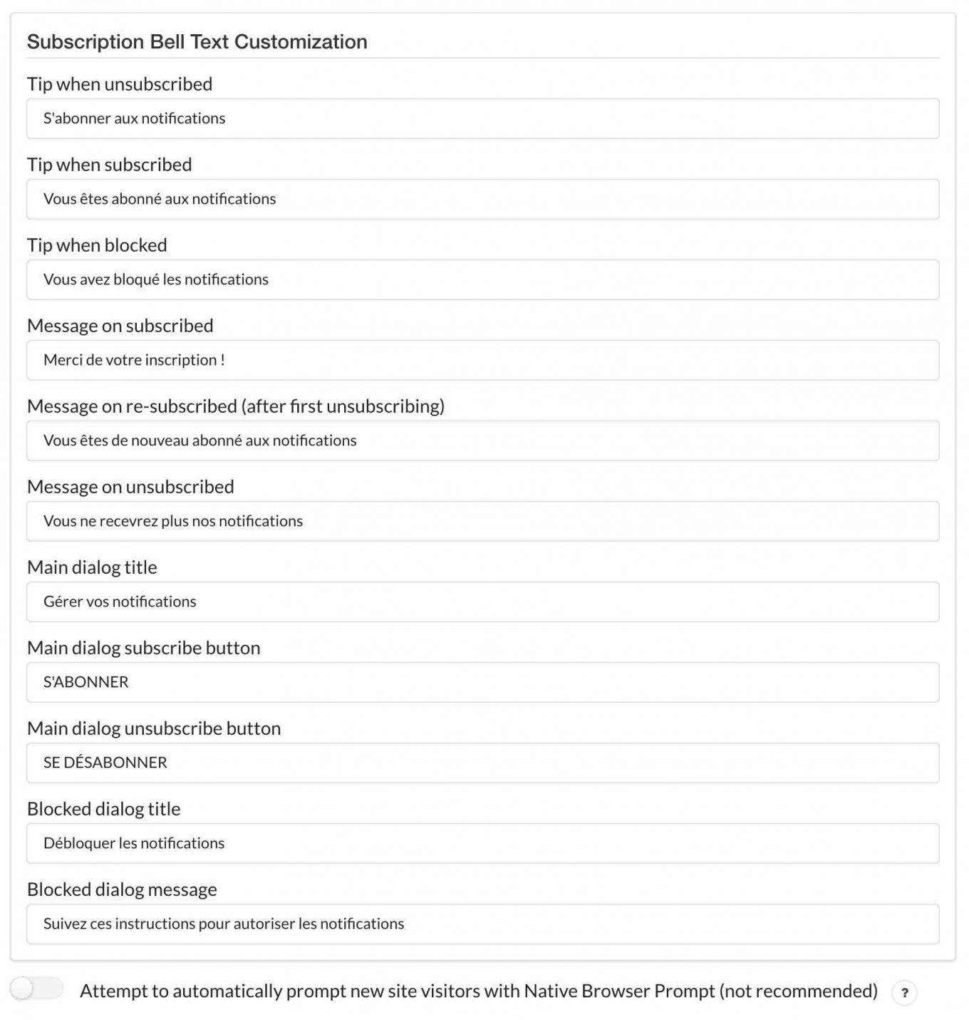 Messages de notification d'inscription