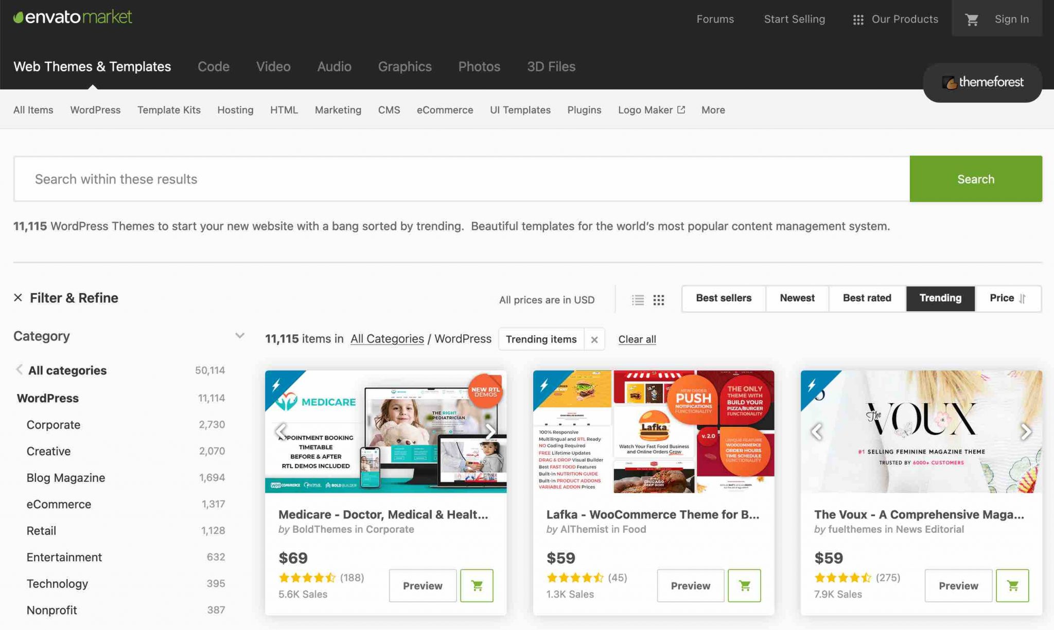 Page d'accueil de la marketplace de produits WordPress appelée ThemeForest