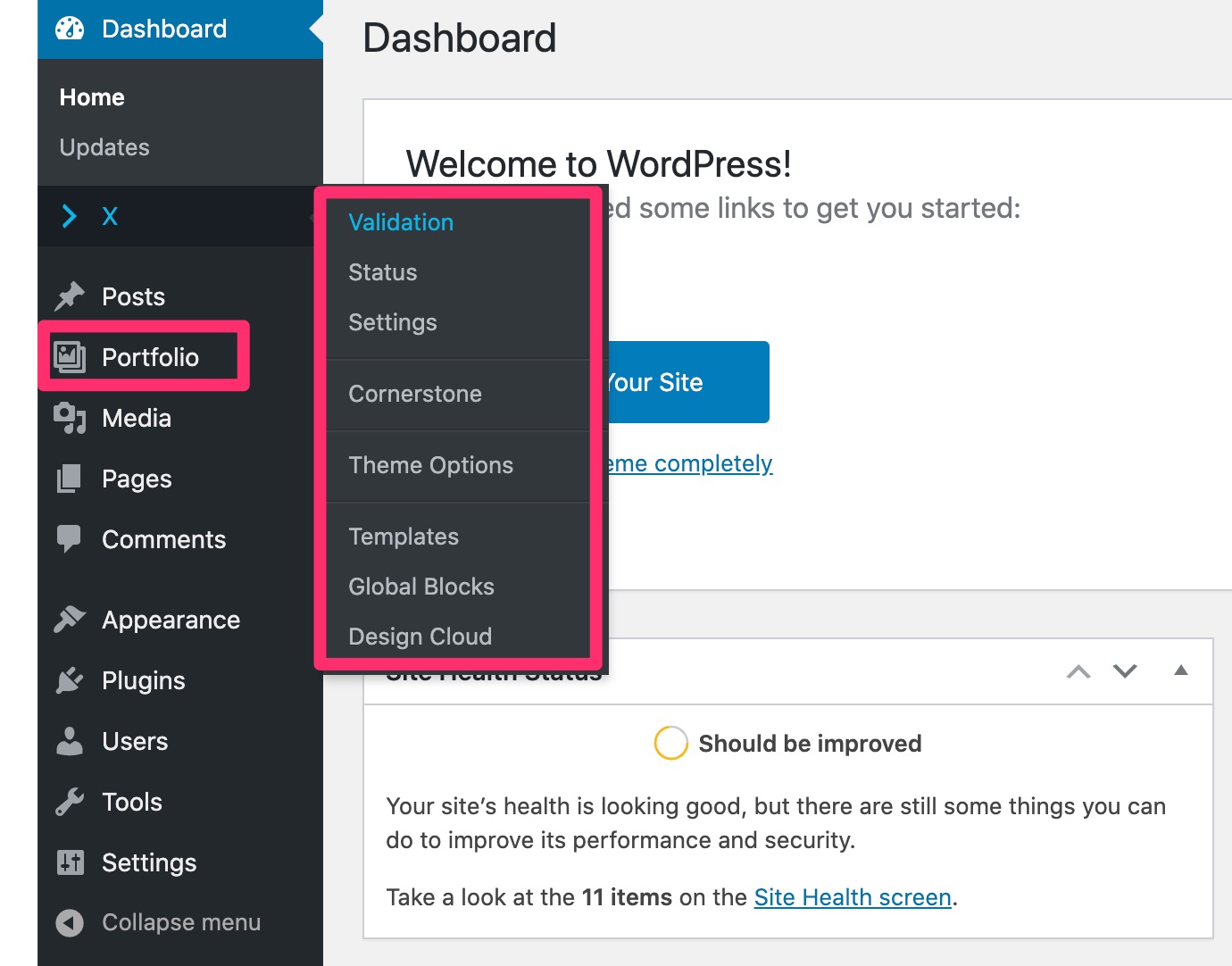 The custom post type Portfolio on X theme