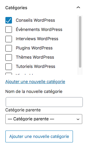 Exemple de catégorie attribuée dans un article WordPress