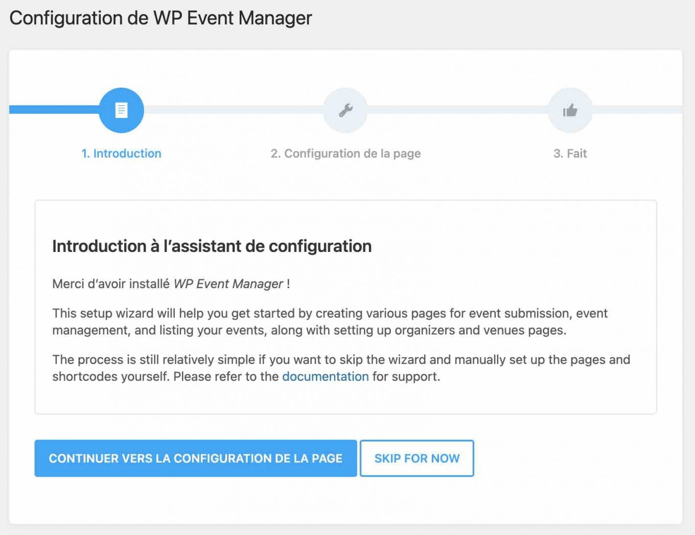 Assistant de configuration de WP Event Manager