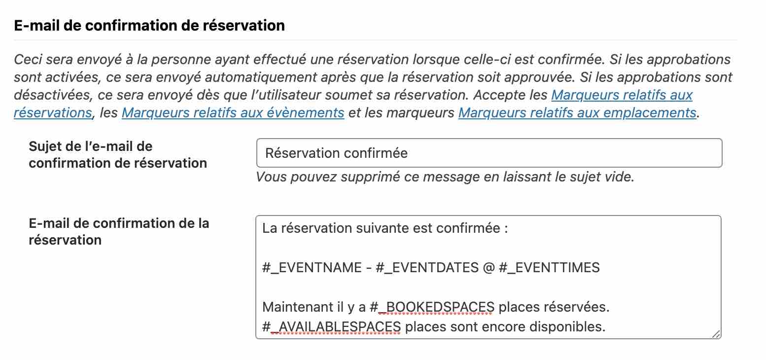 Email de confirmation de réservation sur Events Manager