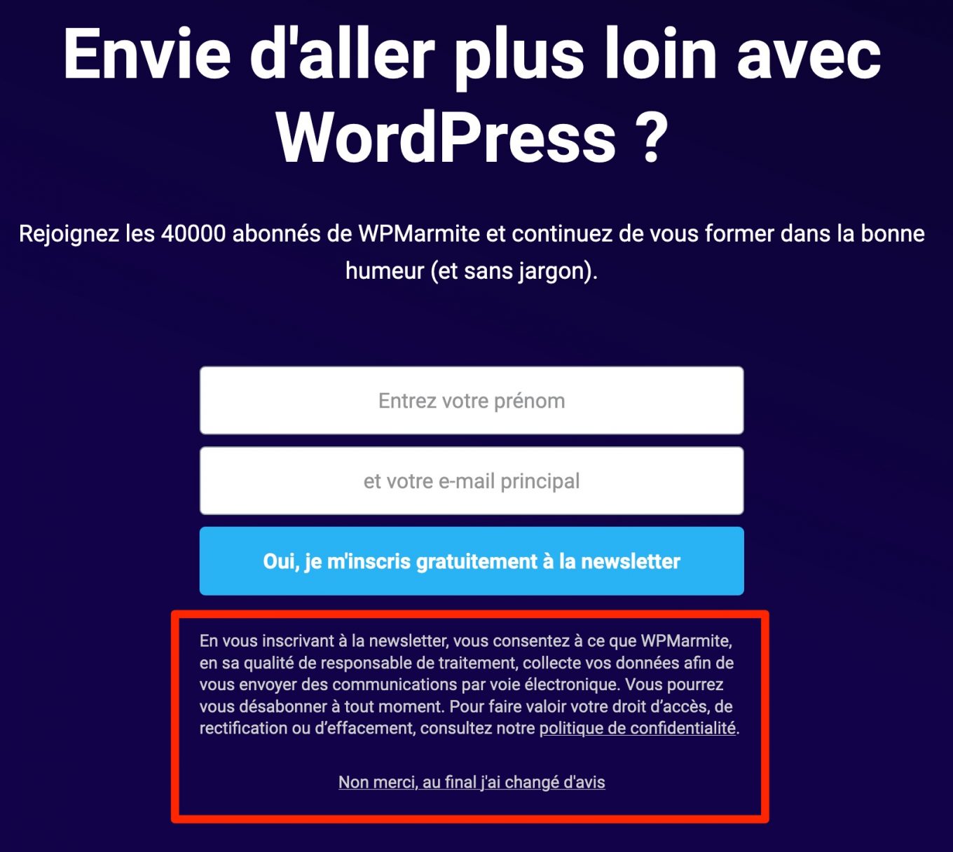Formulaire d'opt-in WordPress sur le blog de WPMarmite.