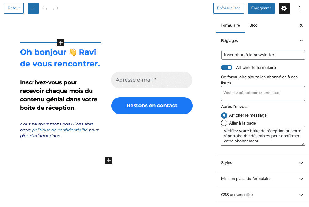 Réglages de MailPoet sur Gutenberg