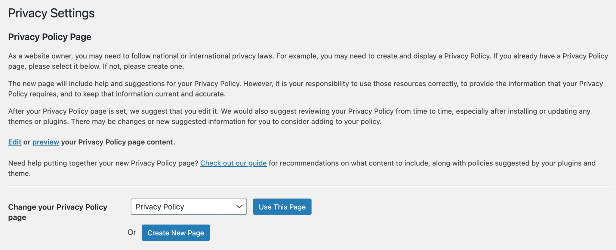 GDPR Privacy Settings about the Privacy Policy Page