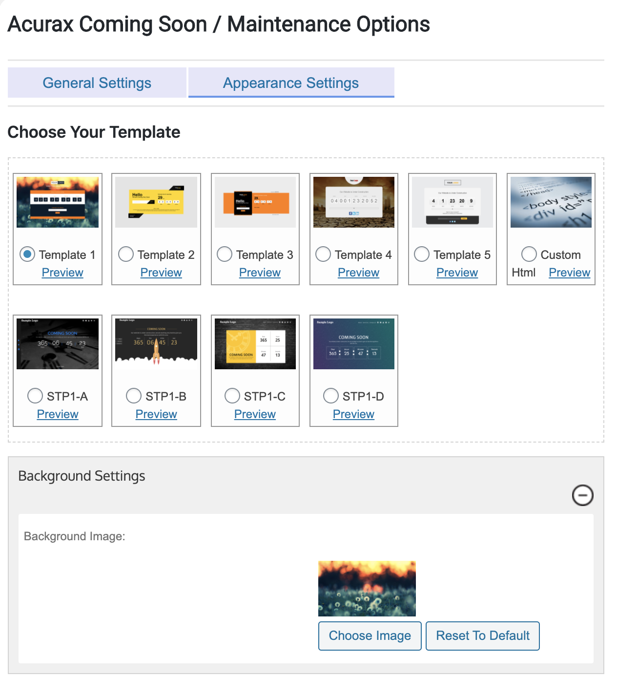General Settings and Appearance Settings tabs of the plugin Under Construction / Maintenance Mode from Acurax
