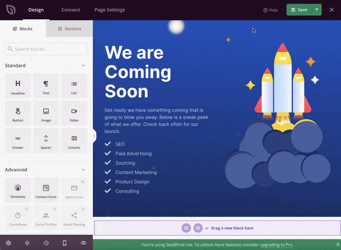 Drag an drop system on the plugin Coming Soon Page & Maintenance Mode by SeedProd