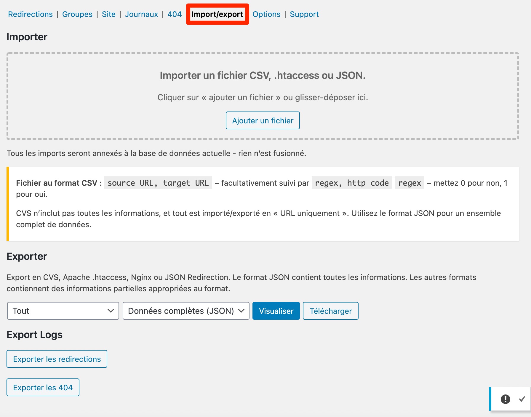 Import/Export d'une redirection