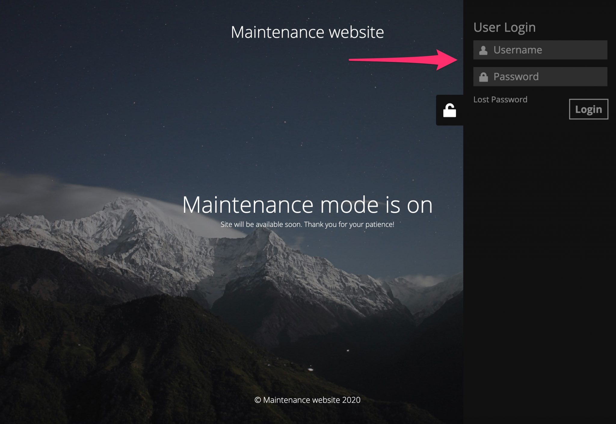 Example of user login with username and password on a maintenance page with the plugin Maintenance