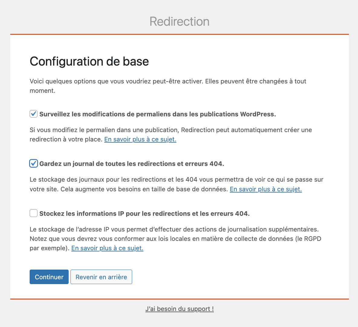 La configuration de base du plugin Redirection sur WordPress.