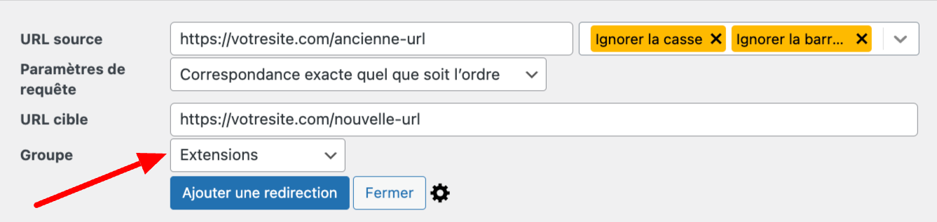 Ajout d'une redirection avec un nom de groupe