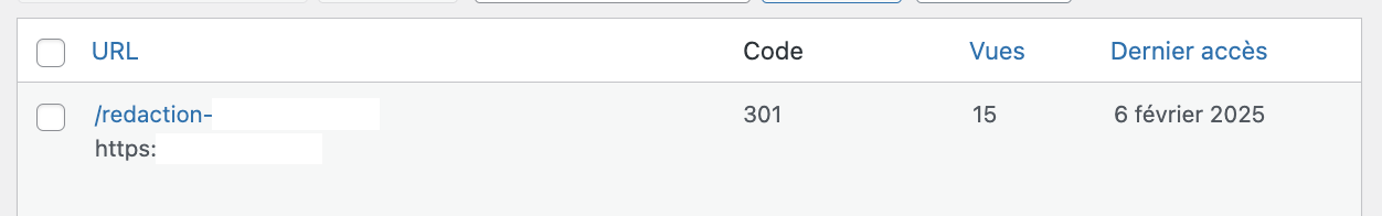 Le menu des redirections sur WordPress.