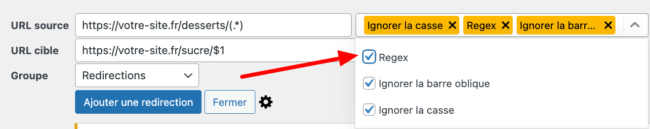 Ajout d'une redirection avec la case Regex