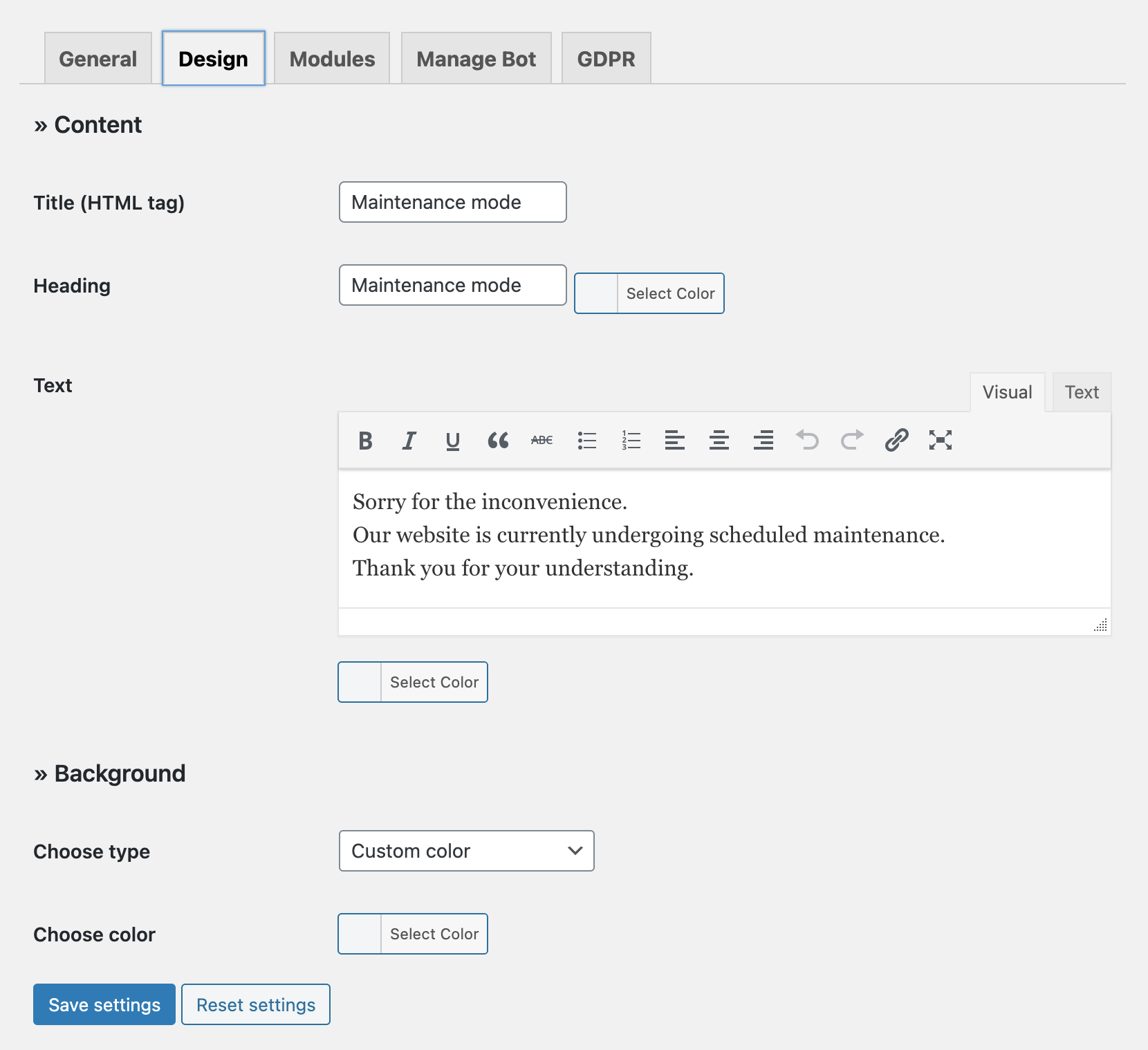 Design settings of the plugin WP Maintenance Mode