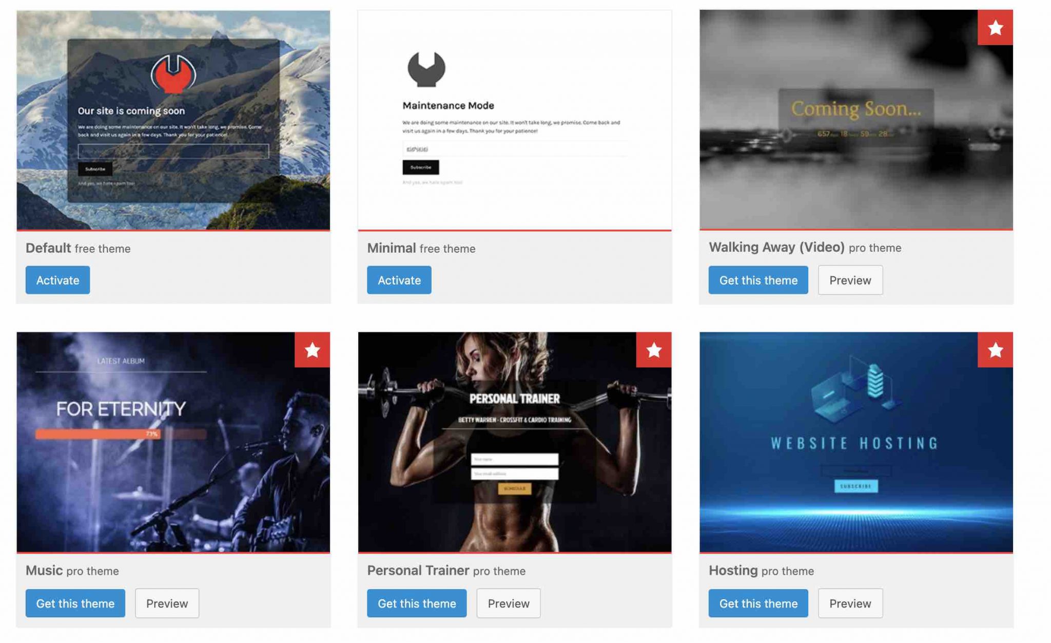 The only 2 free themes available with the plugin Minimal Coming Soon & Maintenance Mode