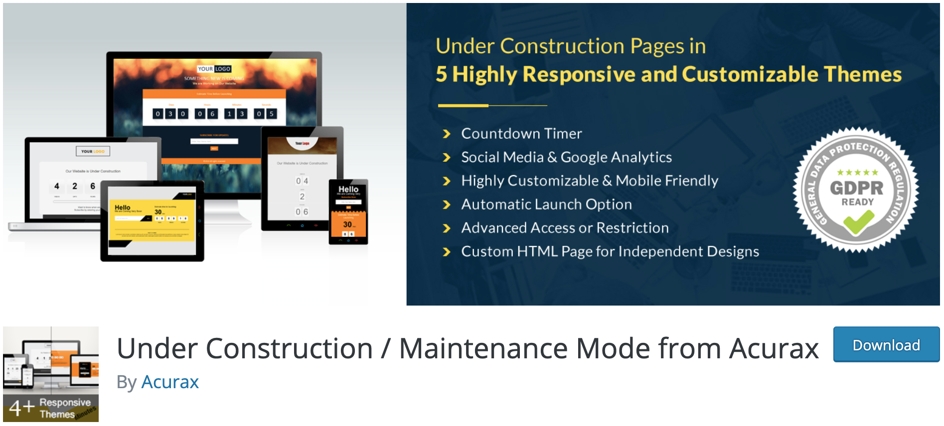 The plugin Under Construction / Maintenance Mode from Acurax on WordPress official repository