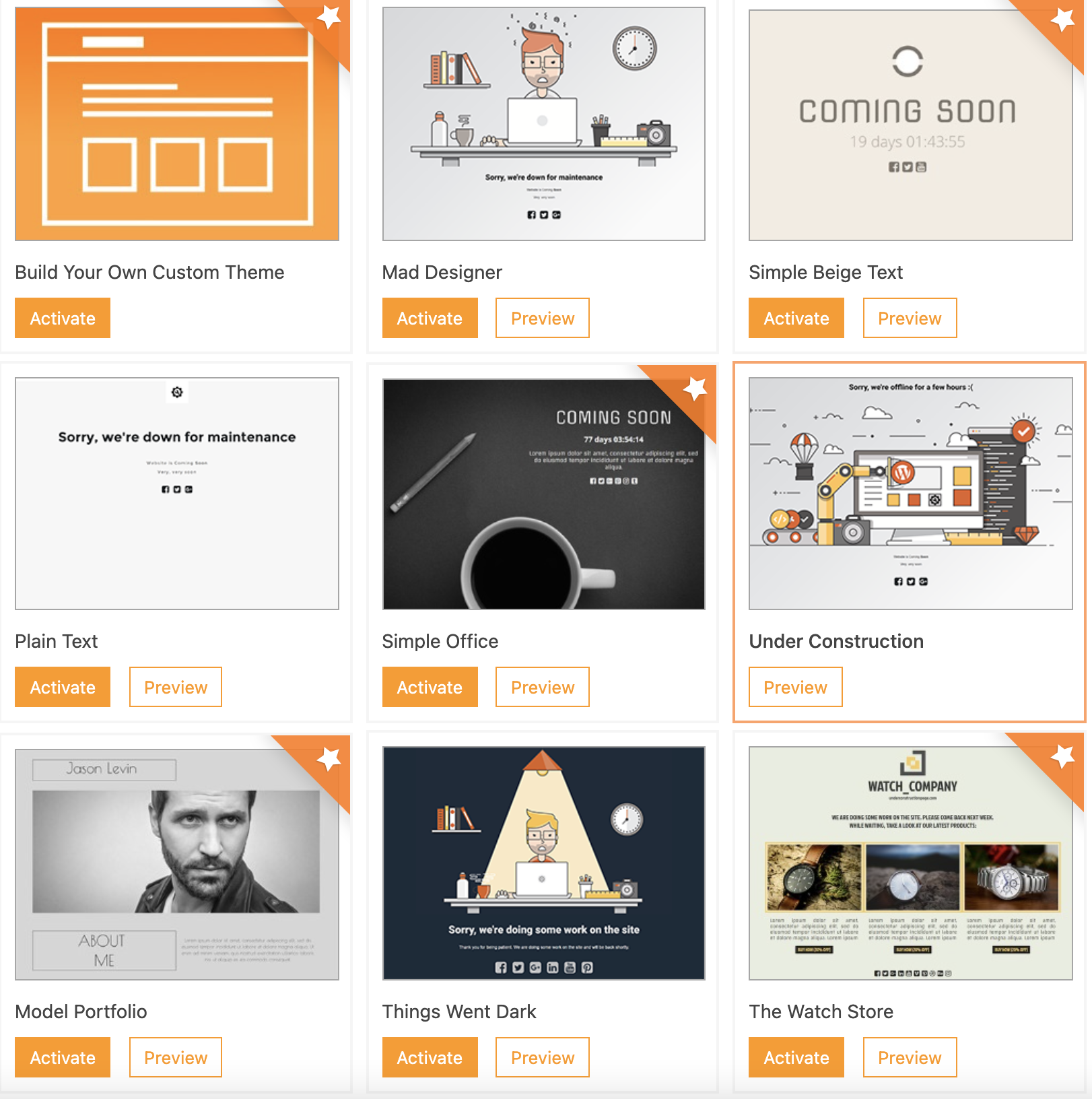 Examples of themes from the WordPress plugin Under Construction