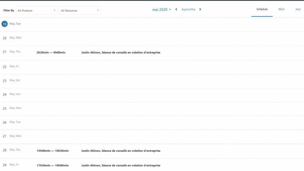 Calendrier des réservations sur WooCommerce Bookings