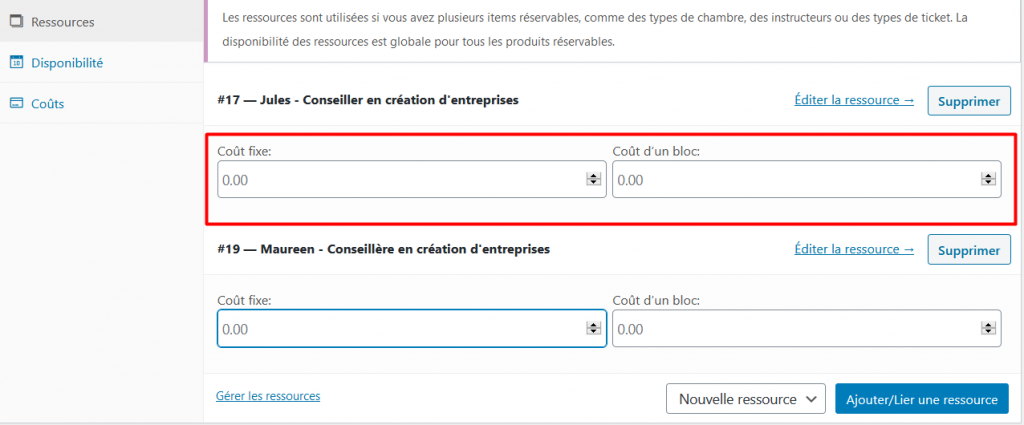 Ajouter coût ressource