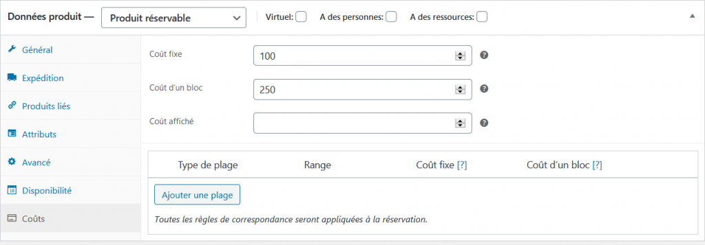 Configurez les coûts de vos produits réservables