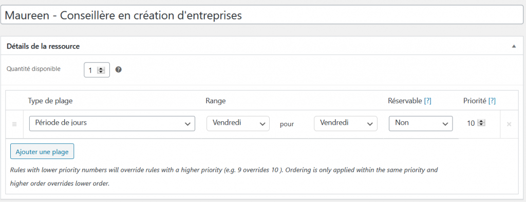 Création d'une ressource sur WooCommerce Bookings