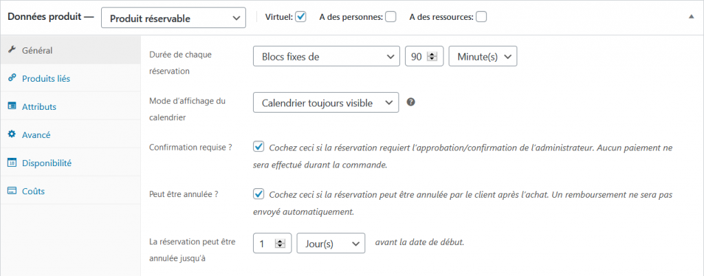 Les options de base des réservations sur WooCommerce Bookings