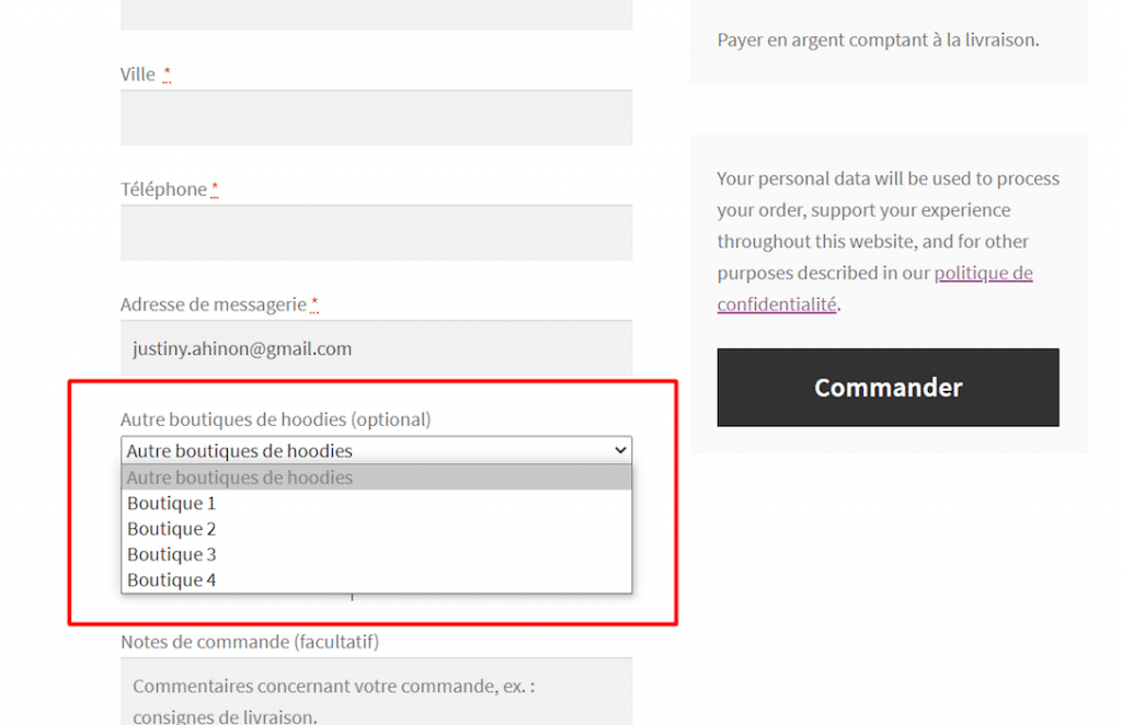 Le champ ajouté via le plugin côté frontend