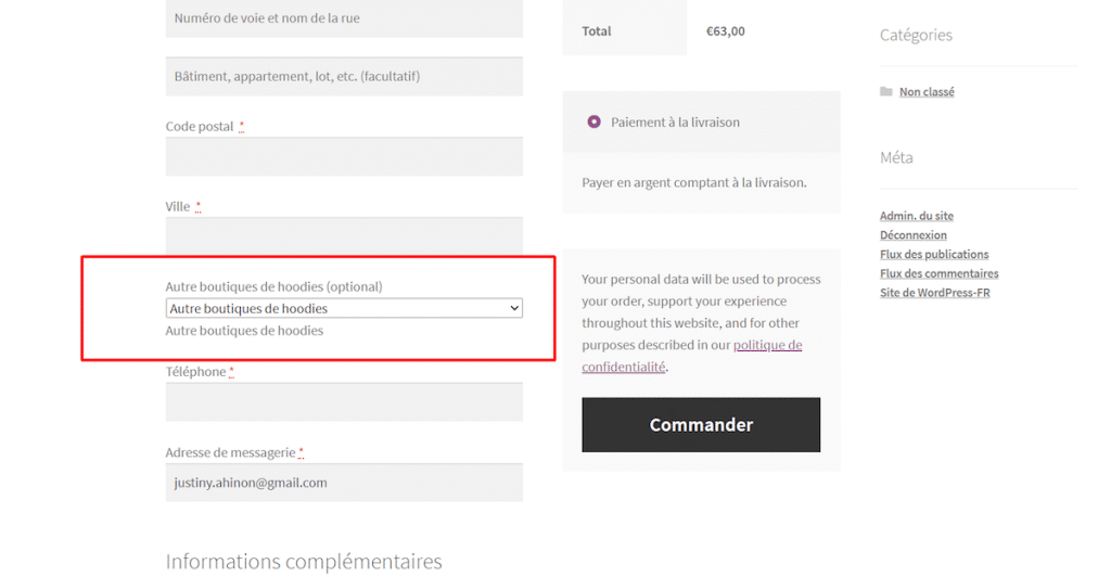 Le plugin permet de déplacer les champs sur la page de commande