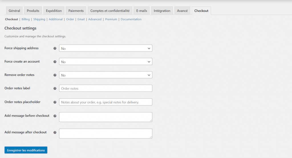 Réglages de Checkout Manager for WooCommerce
