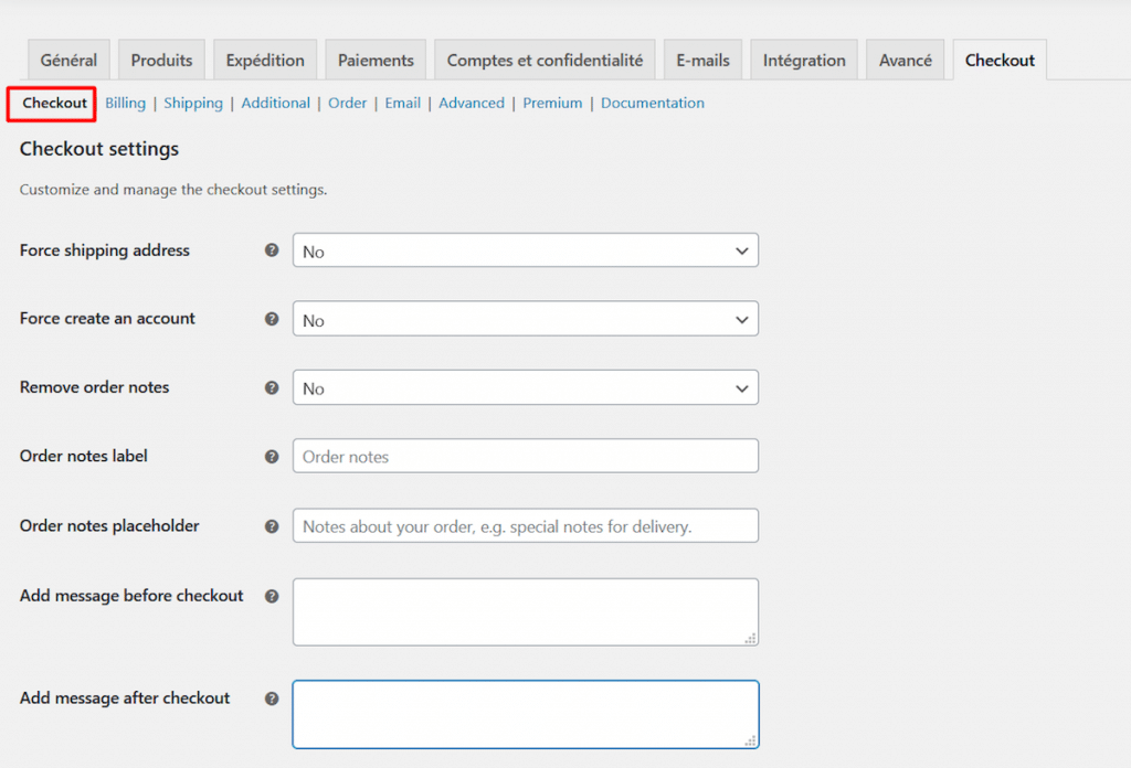 La page d'options Checkout du plugin