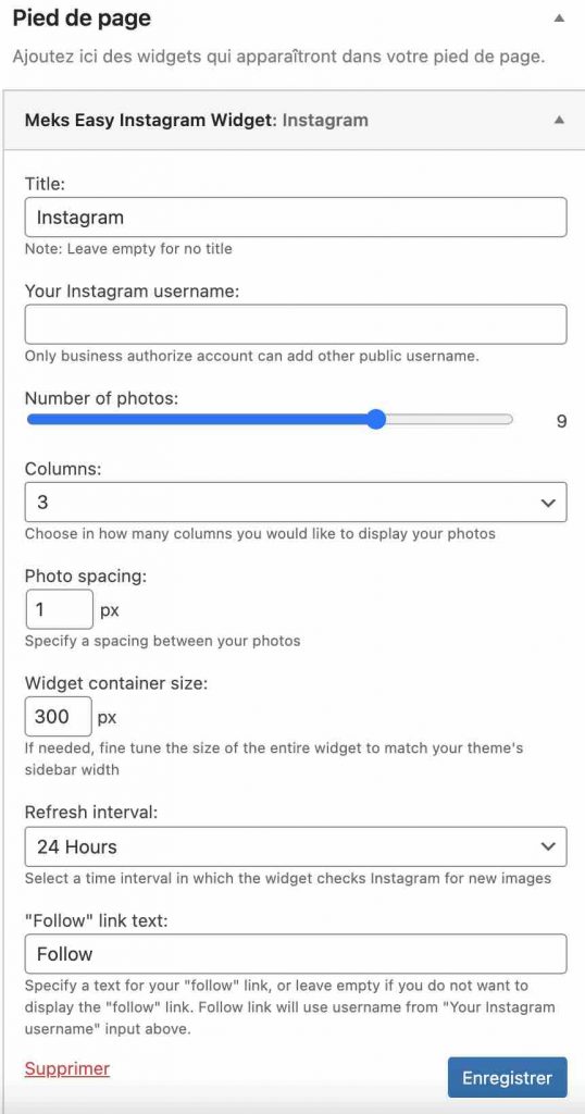 Les réglages de l'extension Instagram sur WordPress appelée Meks ont lieu dans un widget.