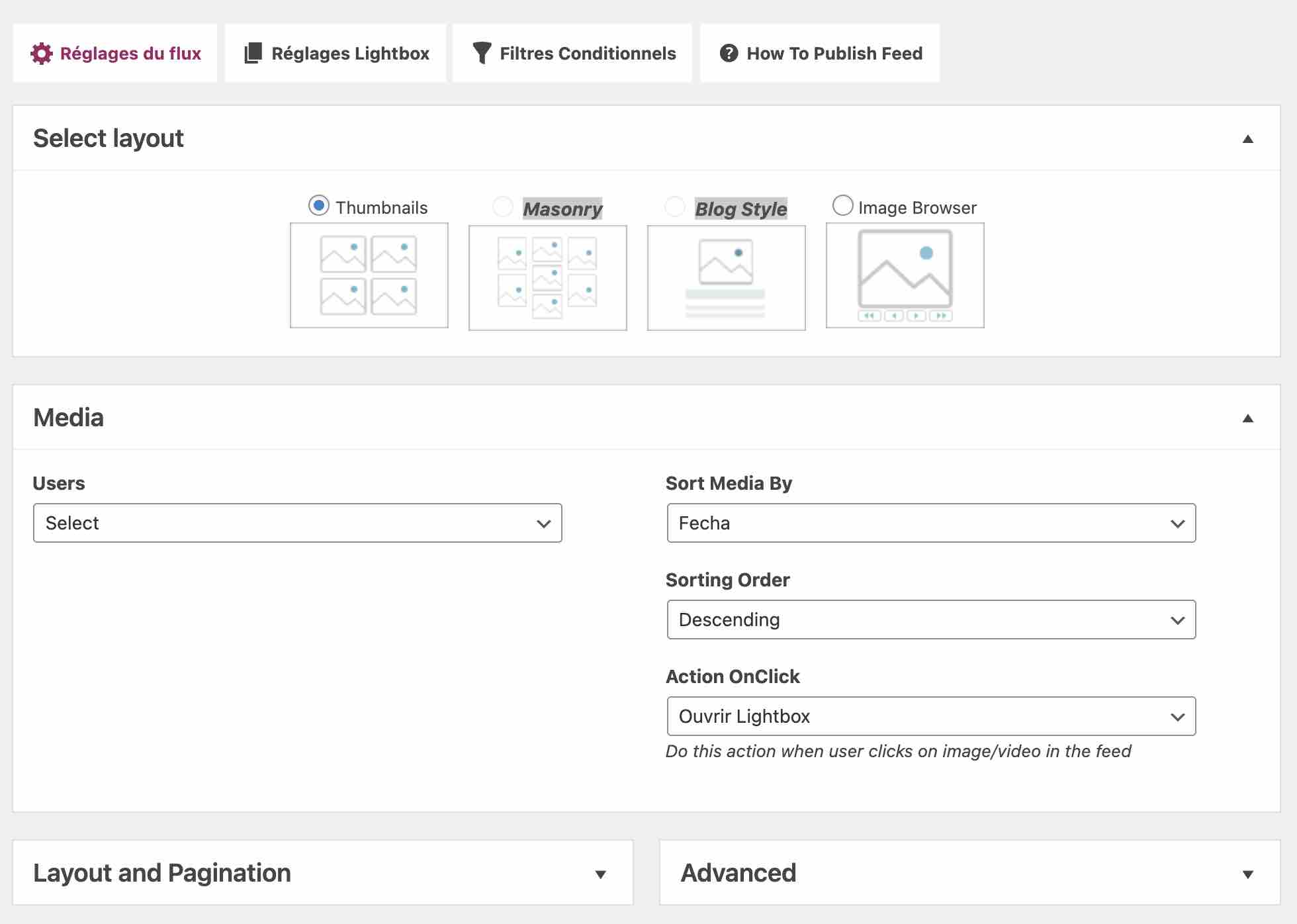 Le menu de l'extension 10WebFeed pour intégrer Instagram sur WordPress.