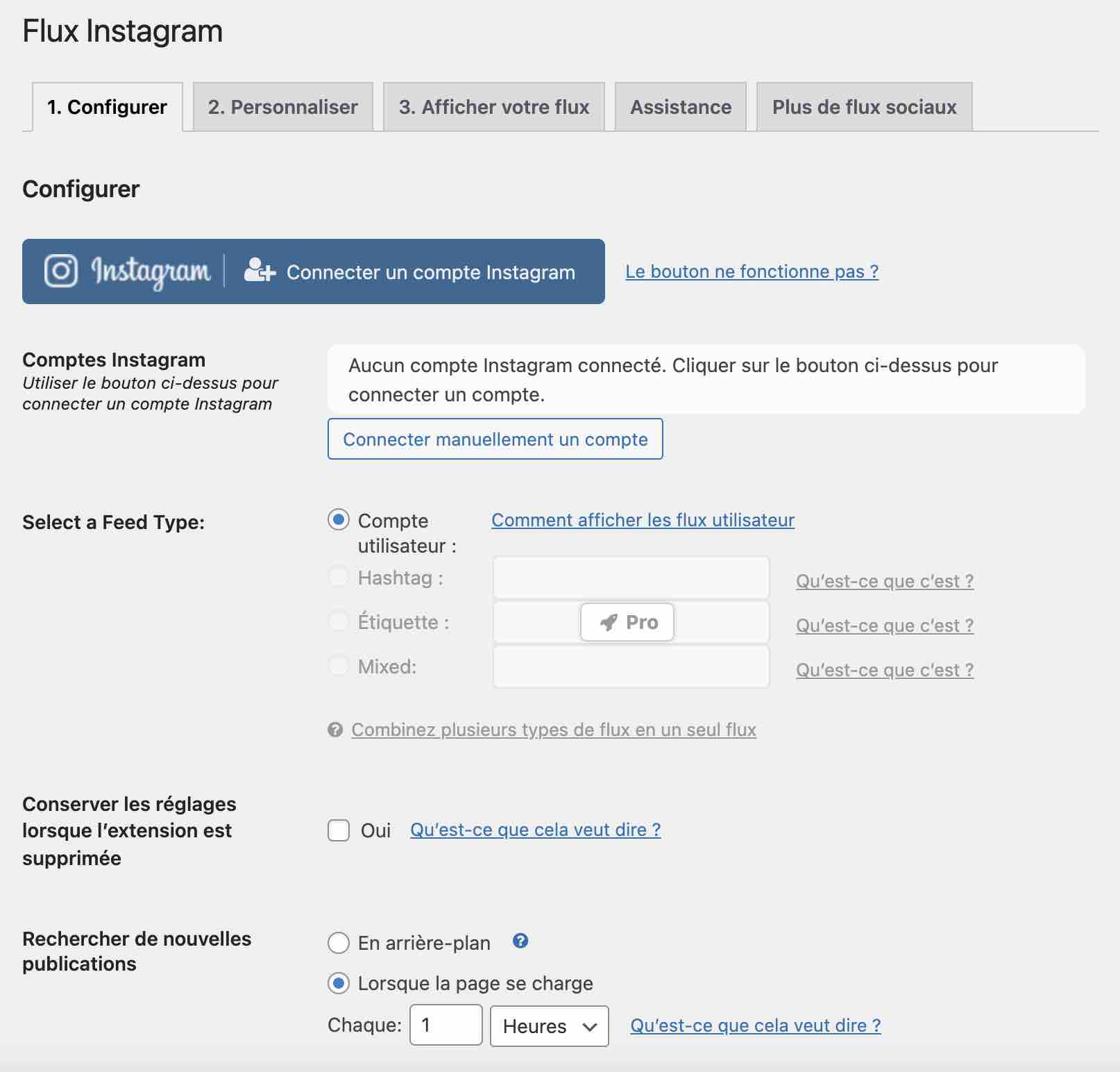 Le menu de réglages de Smash Balloon