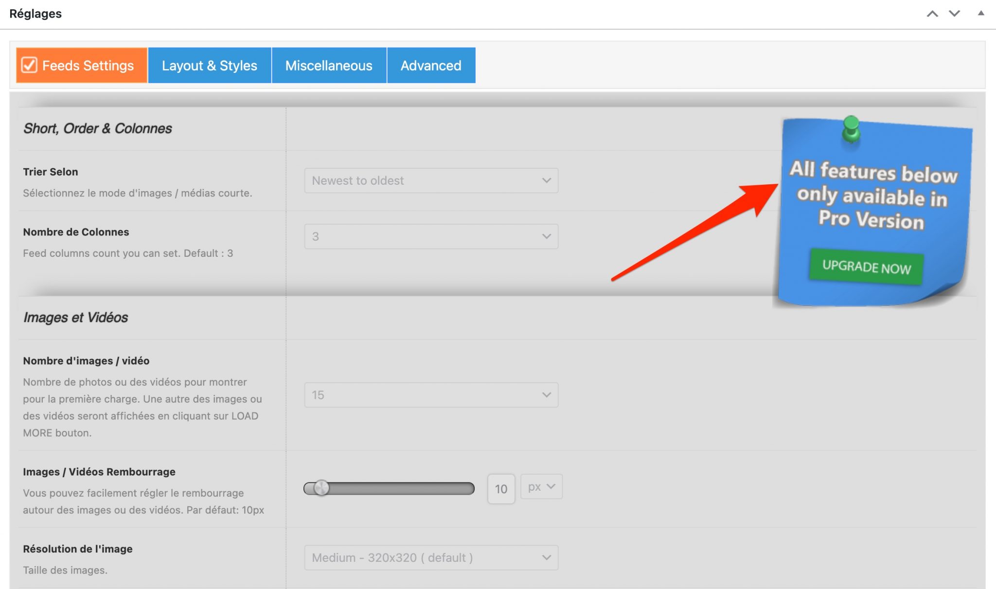 Réglages du plugin Instagram WordPress Gallery for Social Photo