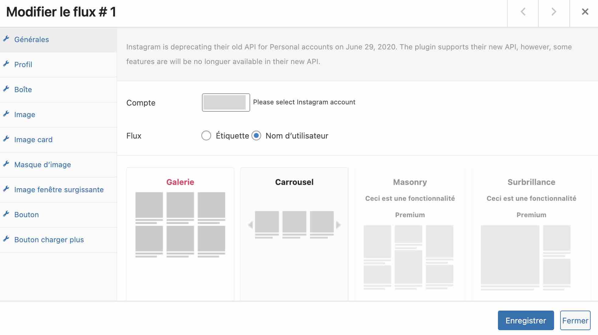 Réglages de Social Feed Gallery pour lier Instagram à WordPress.