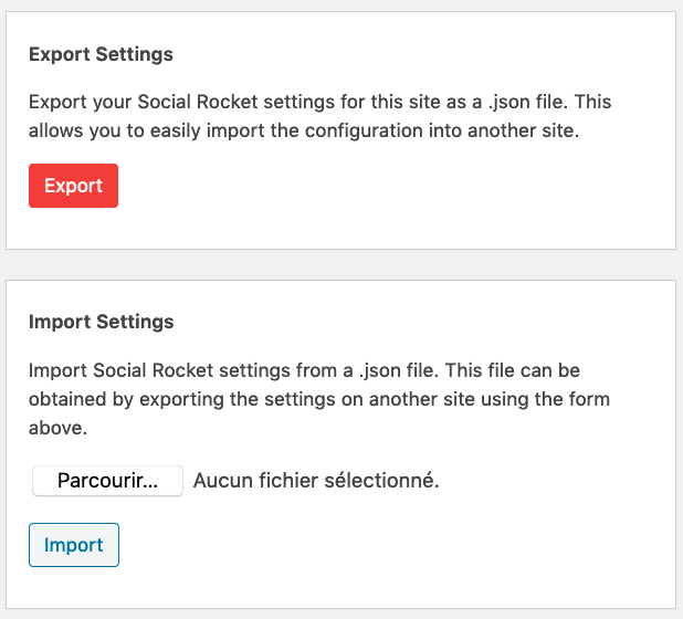 Paramètres d'importation et d'exportation des données de l'extension Social Rocket