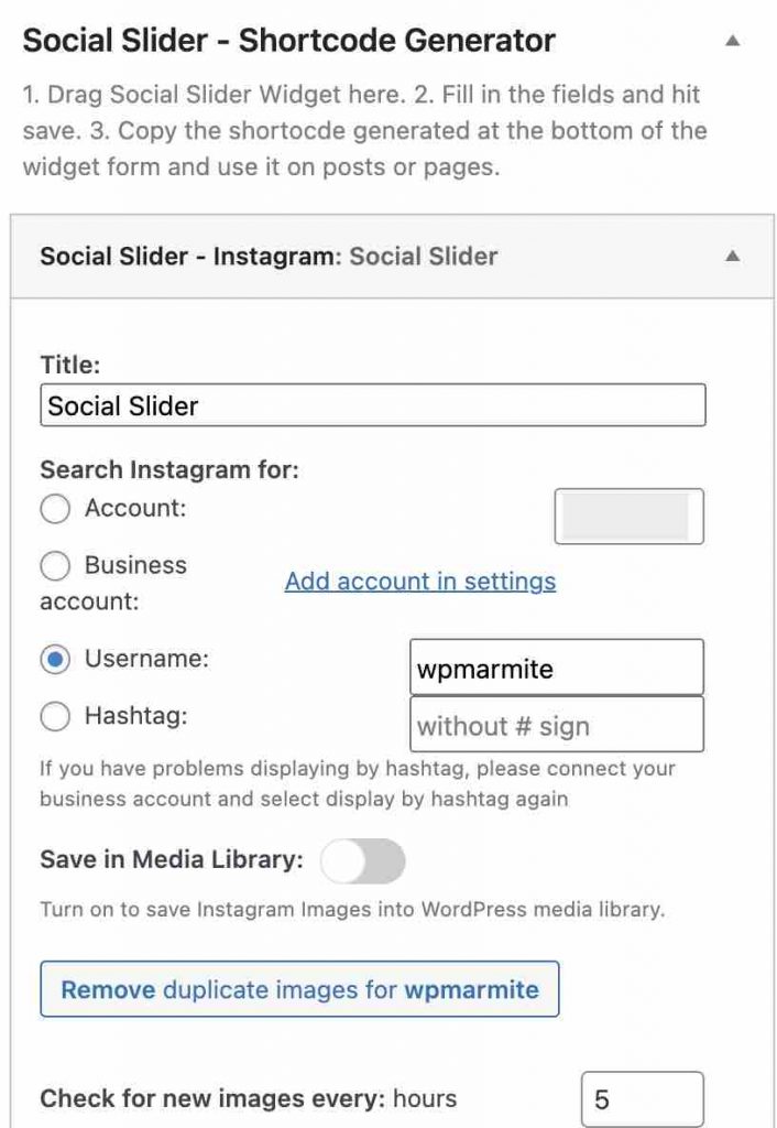 Réglages de Social Slider Widget