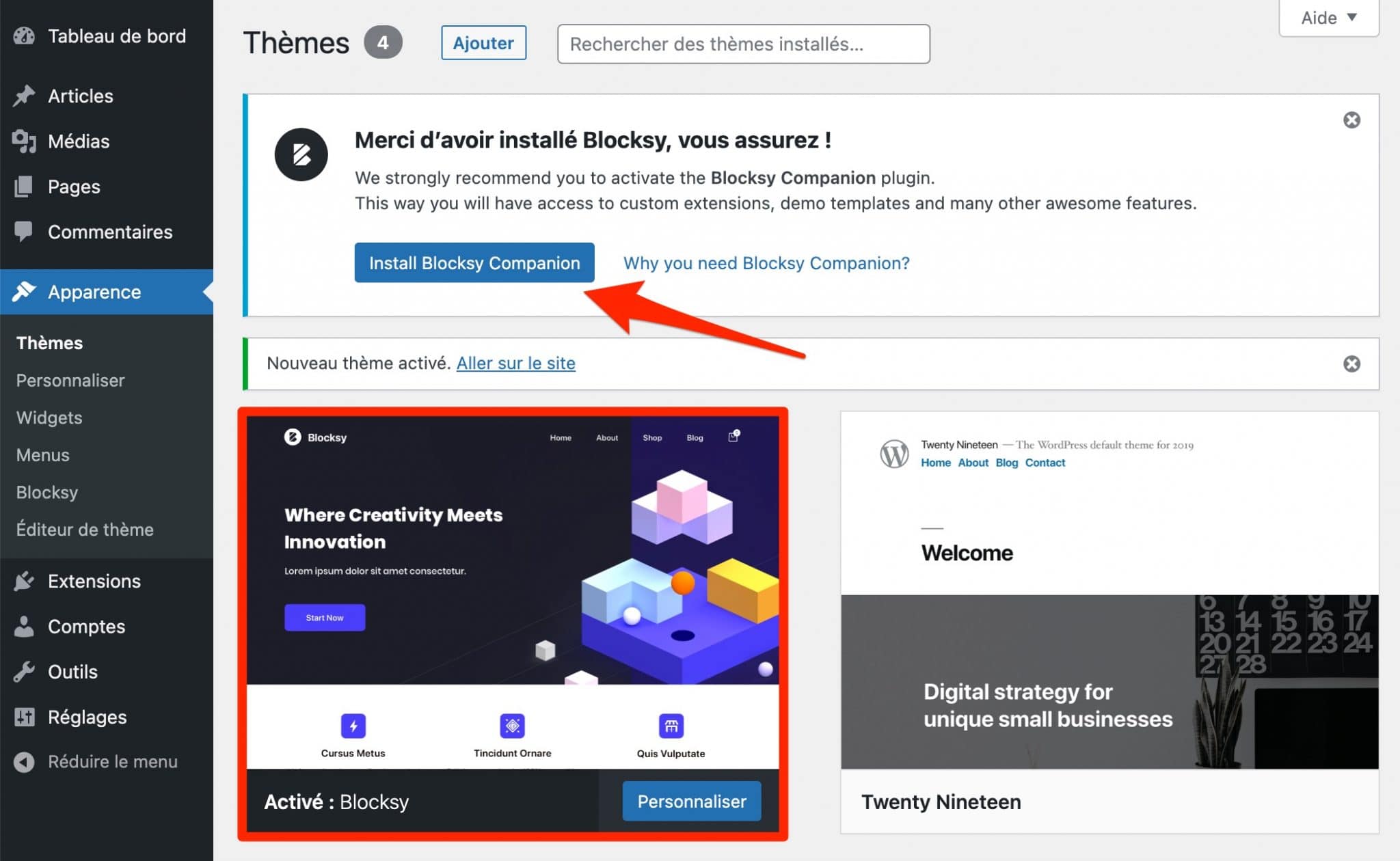 Blocksy réclame l'extension Blocksy Companion pour activer des options supplémentaires.