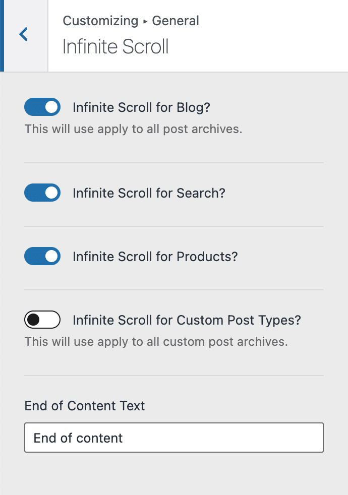 Infinite Scroll settings on Kadence theme
